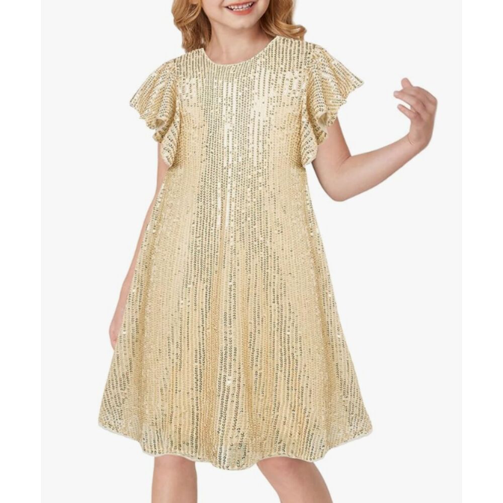 NEW Grace Karin Girls Gold Sequin Dress Size 6 Flutter Sleeve Hair Bow Included